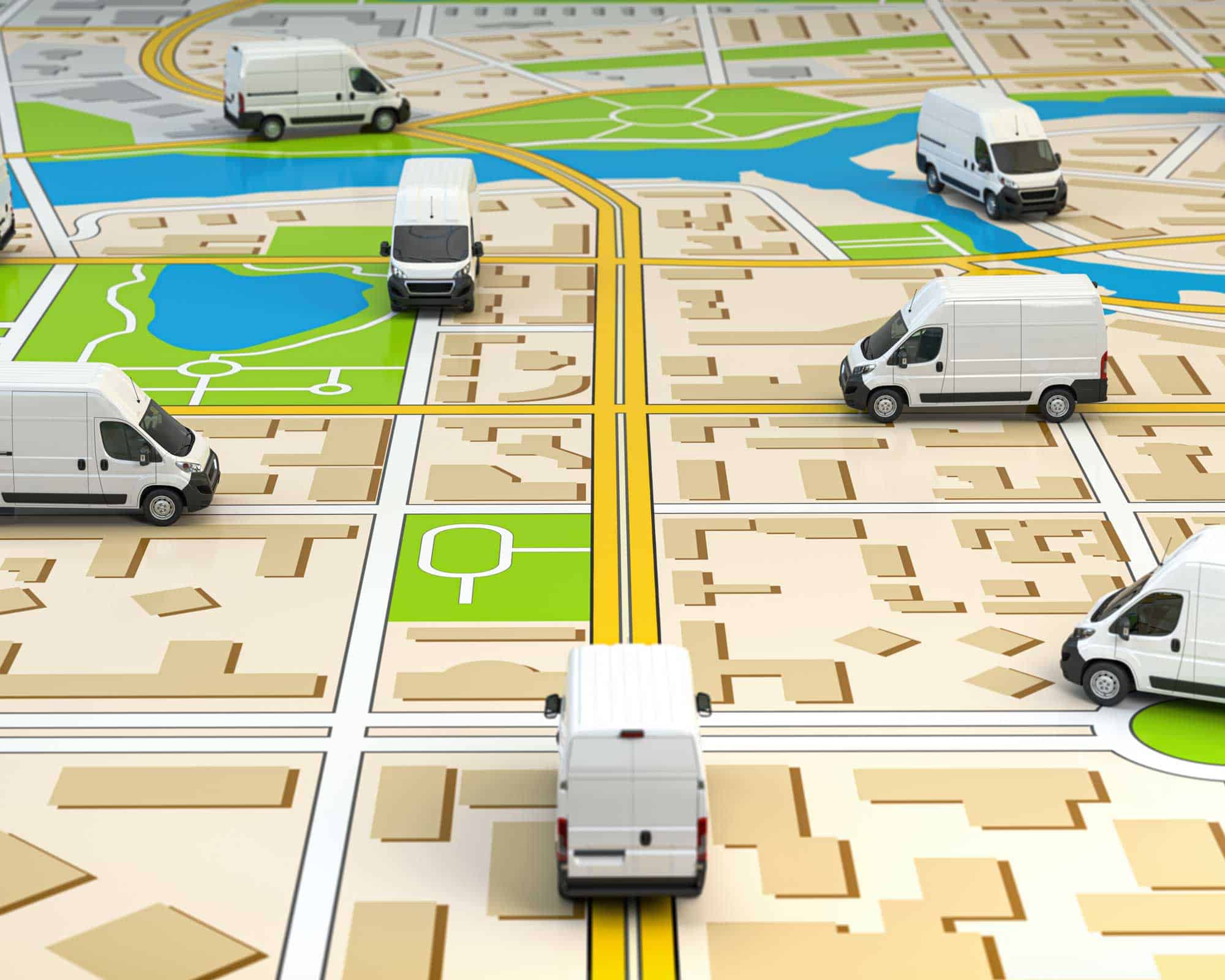 Delivery fleet vehicles on a route map