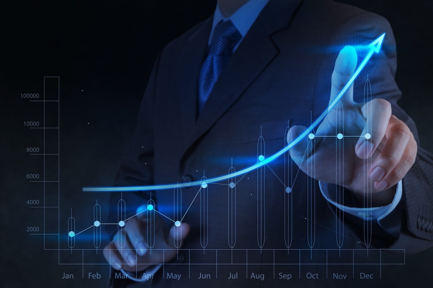 Businessman touching a virtual chart showing rising prices — illustration of the upcoming Azure Maps price increase