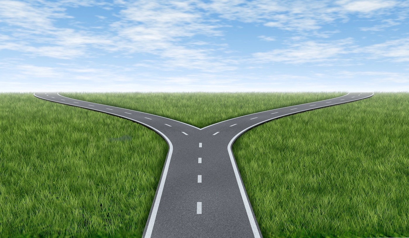 Fork in the road with two paths diverging in a grassy landscape — illustration of choosing between accepting Azure Maps Gen2 pricing or migrating to a different platform
