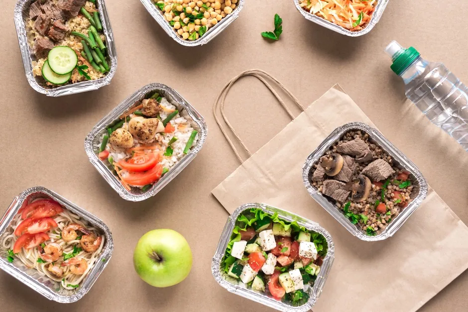 An assortment of freshly prepared GA Foods meals in containers, ready for delivery