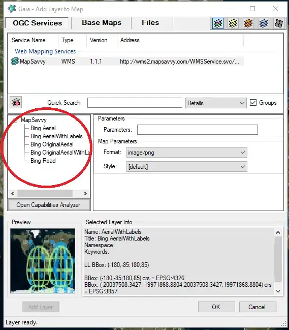 Choosing an imagery layer in the MapSavvy WMS