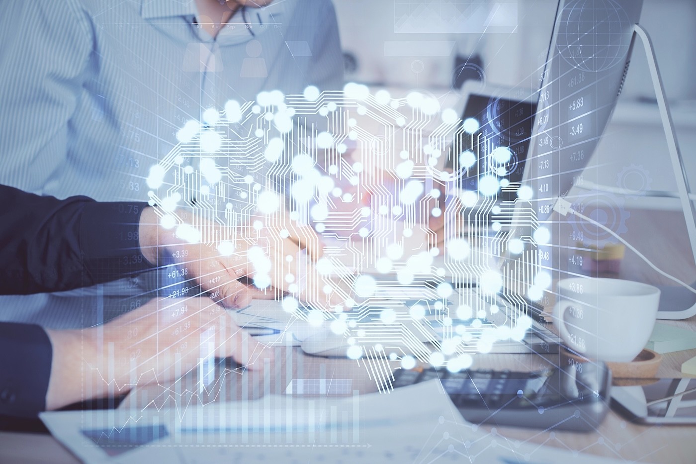 Tech consultants working at a laptop with holographic brain and data overlay — illustration of OnTerra Systems' consulting expertise